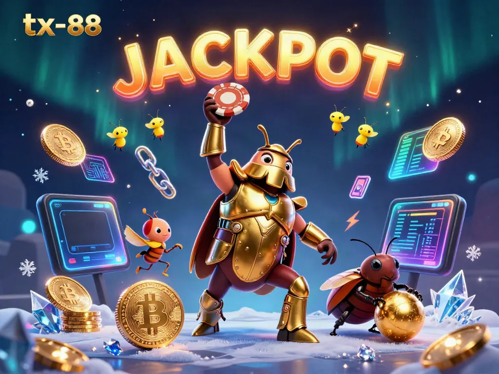 Playful 3D illustration of tx-88 featuring a heroic beetle lifting a poker chip, surrounded by bitcoins and fireflies.