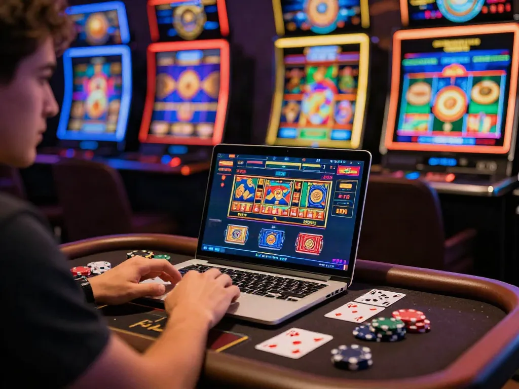 Joueur sur https://studiobarw.com/ profitant d'une expérience de casino en ligne immersive, entouré de graphismes de machines à sous colorées.
